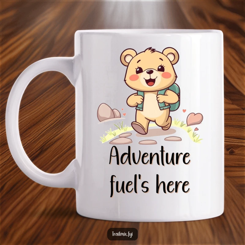 Funny happy bear character wearing a backpack, joyfully striding up a path, printed on a funny mug.