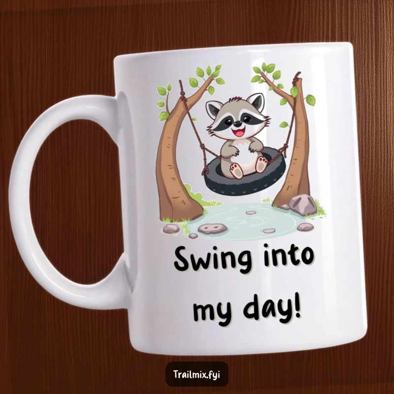 Funny joyful racoon mug, gleefully swinging on a tire swing above a bubbling stream. Whimsical and happy animal art.