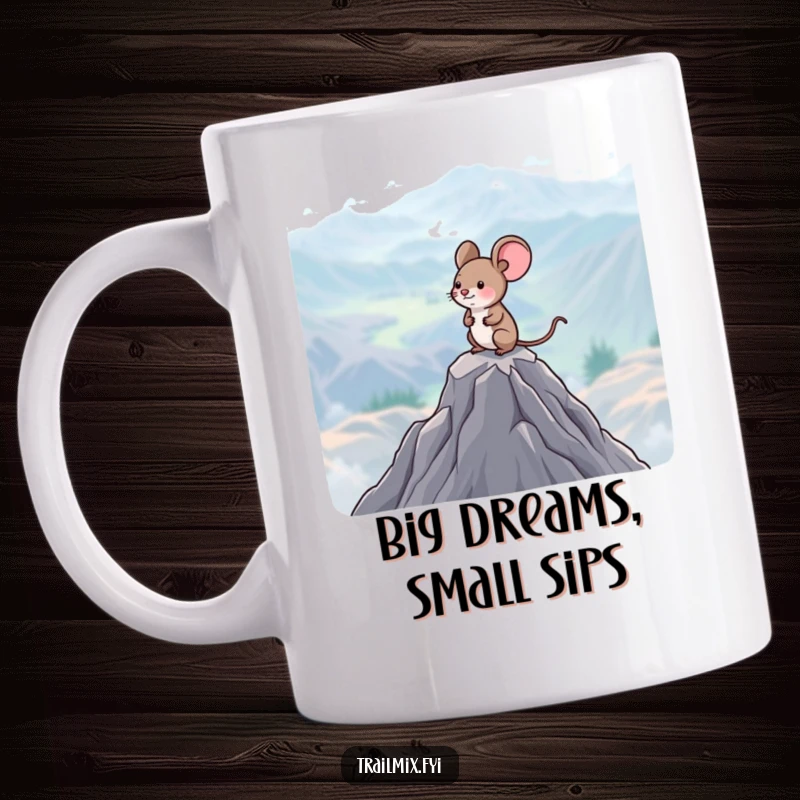 Funny Mouse Mug: A happy little mouse surveys a vast landscape from a snowy mountain peak, embodying wonder and joy.