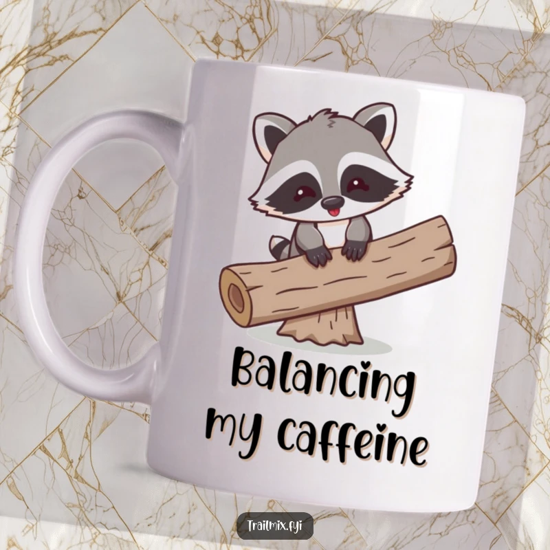 Funny mug featuring a playful cartoon raccoon comically attempting to balance on a log, showcasing precarious fun.
