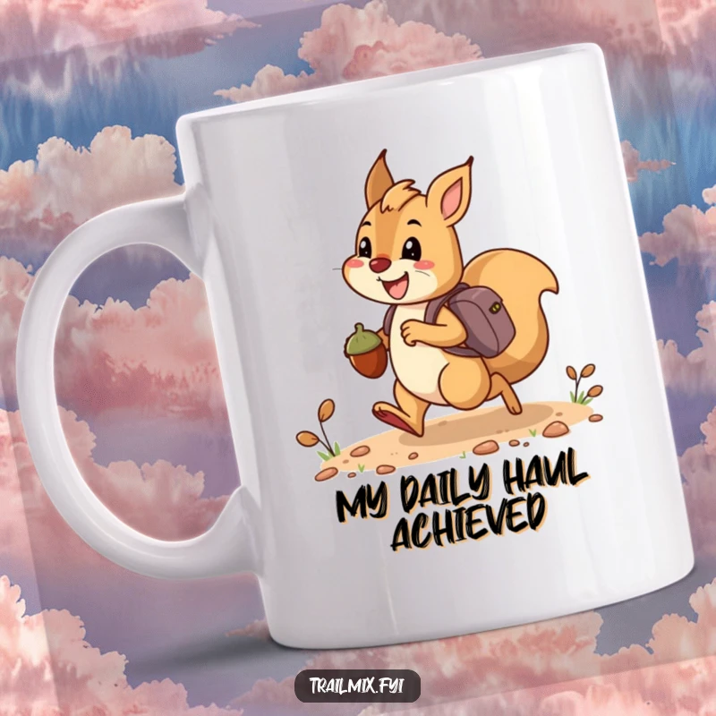 Funny mug showing a happy squirrel bounding along a trail, carrying acorns like tiny backpacks with a cheerful expression.