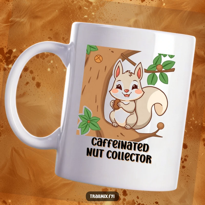 Funny mug with a smiling squirrel character diligently storing nuts in a tree, embodying determination and preparedness.