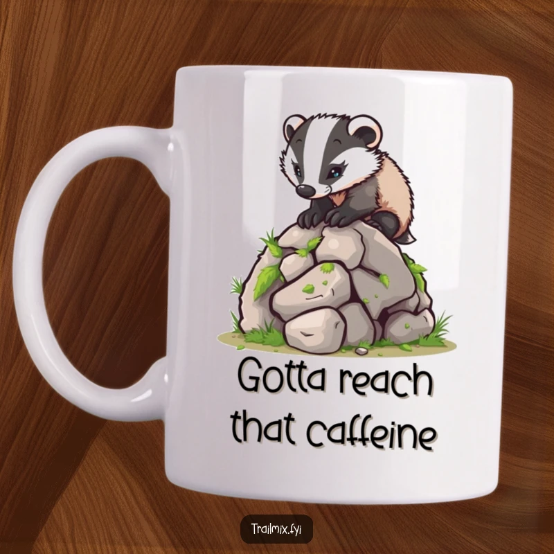 Funny mug shows a tenacious badger scaling a small, moss-covered rock with intense focus, embodying determination and humor.