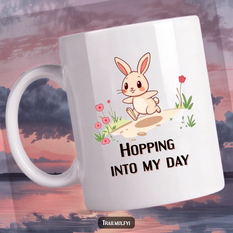 Funny mug featuring a playful rabbit character energetically hopping along a scenic trail, radiating joy and movement.
