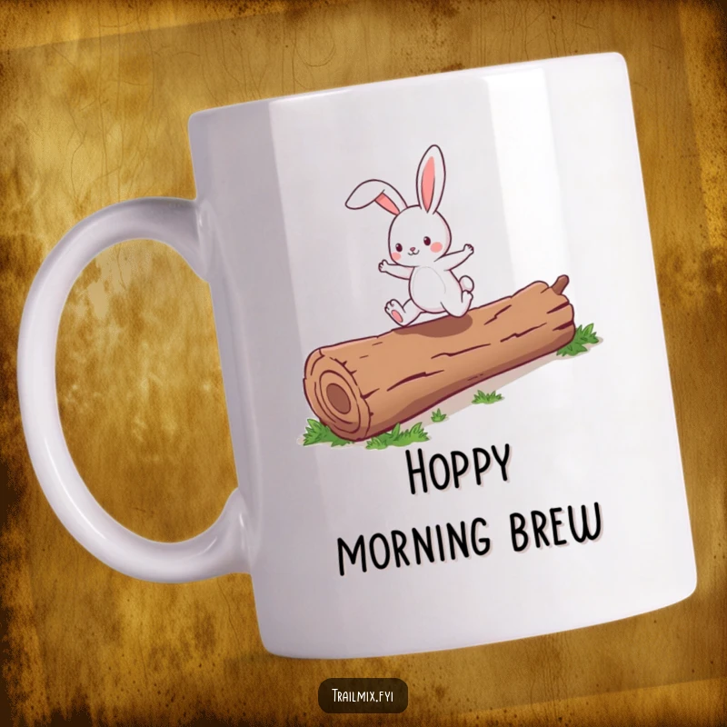 Funny energetic bunny character joyfully skipping over a fallen log, pictured on a mug.