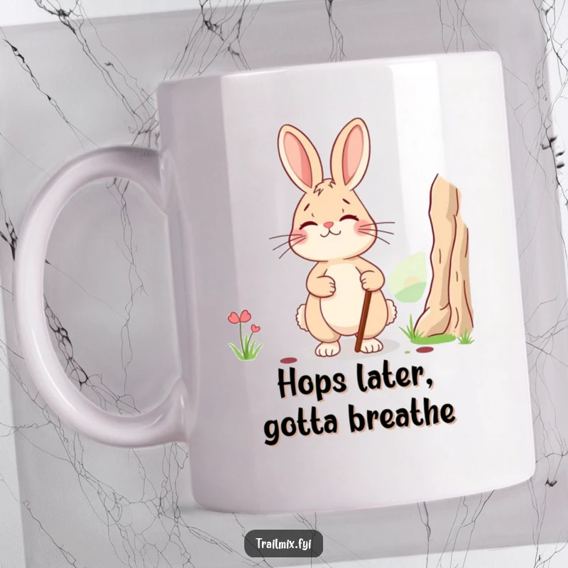 Funny mug featuring a tired, smiling rabbit with a walking stick pausing to admire a beautiful landscape view, embodying peaceful humor.