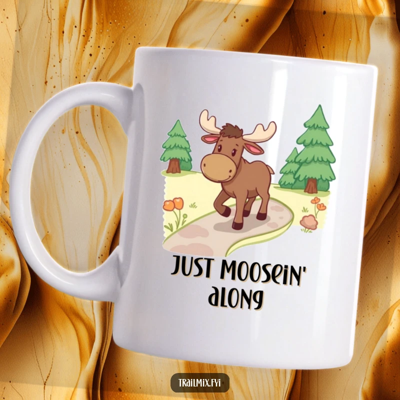 Funny moose mug, happily ambling along a winding forest path, radiating a calm and cheerful woodland vibe. A great gift.