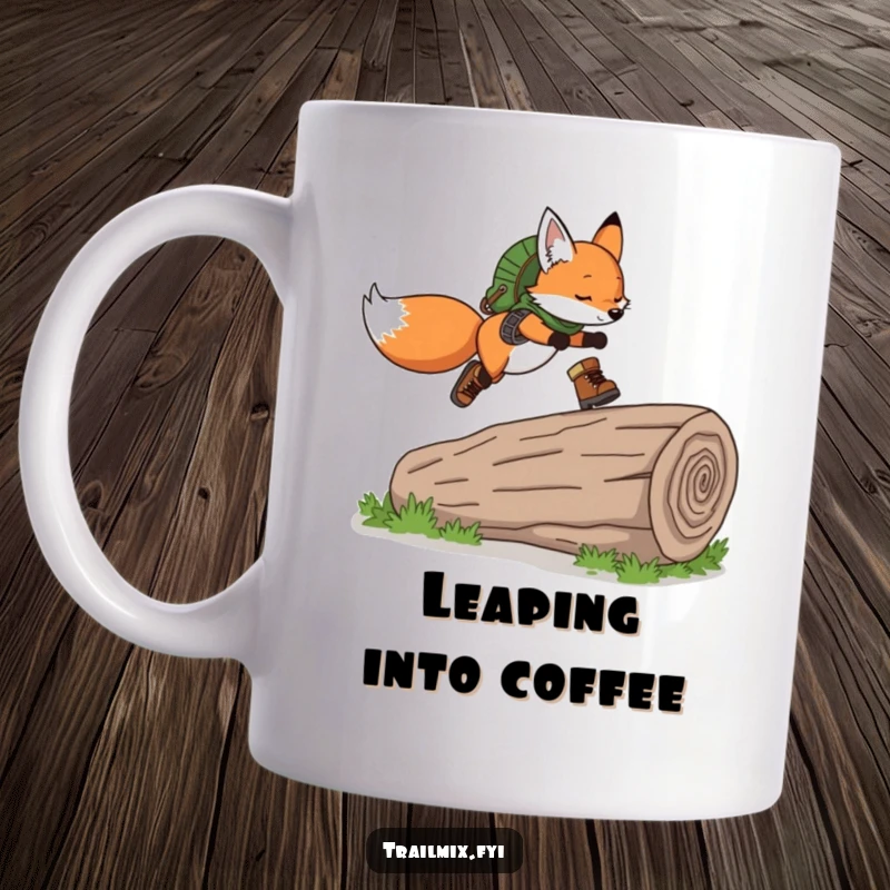 Funny Fox Mug: A playful fox wearing hiking boots gracefully leaps over a fallen log on a forest path.