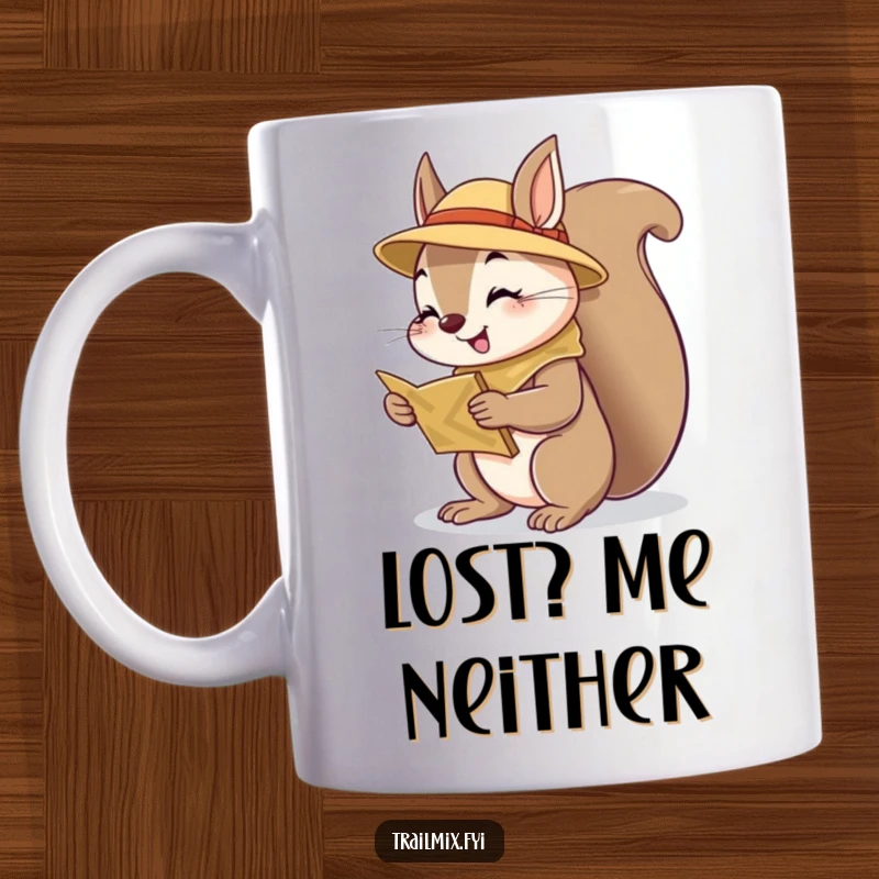 Funny squirrel scout mug, holding a map with curiosity, ready for adventure, cheerful expression, perfect for hikers and nature lovers.