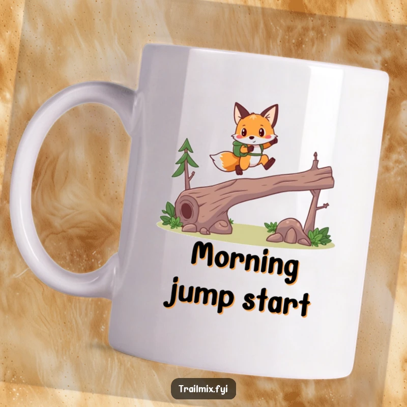 Funny fox hiker mug, bravely leaping over a fallen log, energetic and determined expression, perfect outdoor enthusiast gift.
