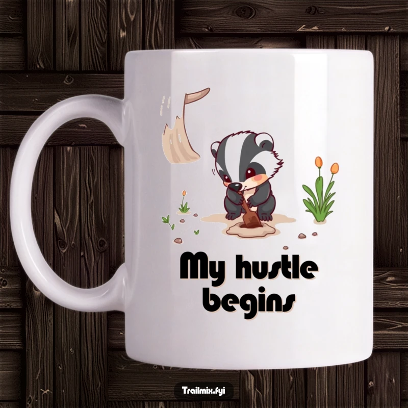 Funny mug featuring a determined badger digging with all its might on a path, embodying hard work and humor for a great gift.
