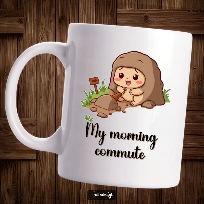 Funny mug with a determined mole character excitedly digging a tunnel beside a trail, embodying a comical pursuit.