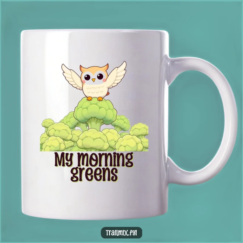 Funny Owl Soaring Over Broccoli Forest Mug: A Hilarious Gift for Veggie Lovers!
