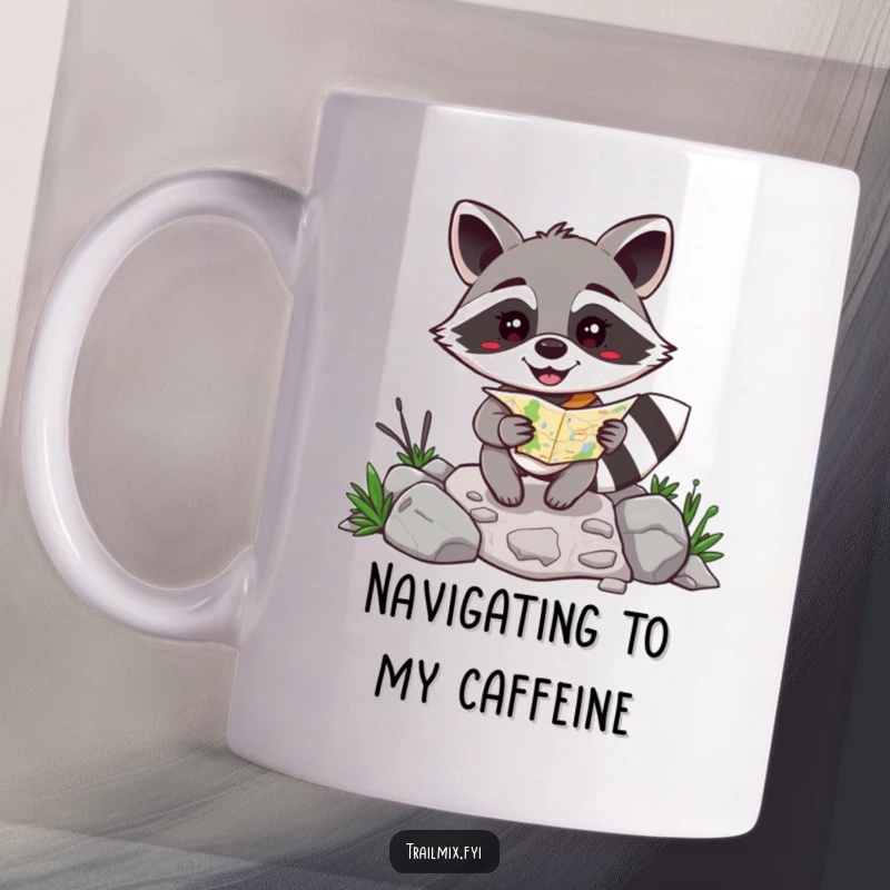Funny happy raccoon navigating a rocky path with a map, humorous graphic on a coffee mug.