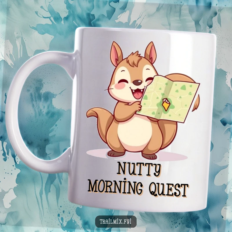 Funny squirrel mug, cheerfully holding a tiny map aloft with excitement, symbolizing adventure and discovery.