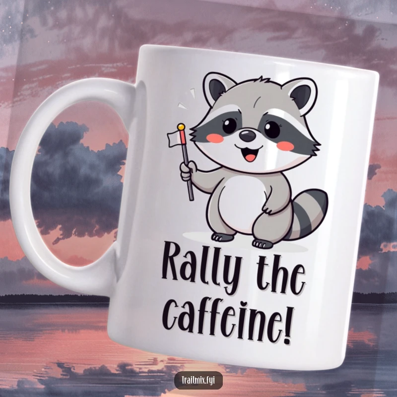 Funny mug featuring a cheerful raccoon enthusiastically waving a tiny flag, embodying fun and celebration for a delightful gift.
