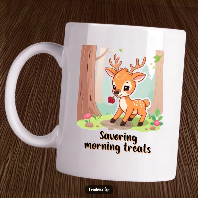 Funny mug showing a playful deer pausing on a forest path, gently nibbling on a ripe berry with a serene expression.