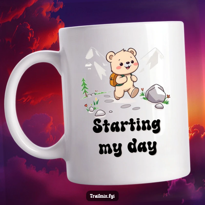 Funny Bear Cub Mug: A happy bear cub wearing a small backpack joyfully skips along a scenic mountain path.