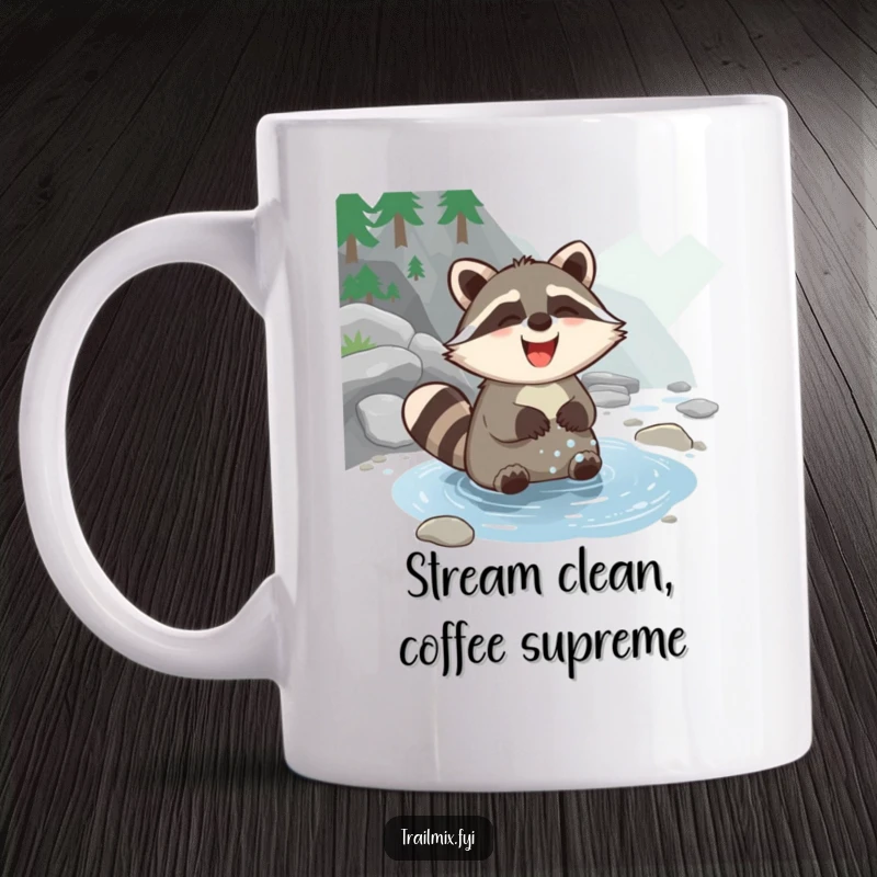 Funny Raccoon Mug featuring a joyous raccoon gleefully washing its paws in a pristine mountain stream, embodying pure, unadulterated happiness.