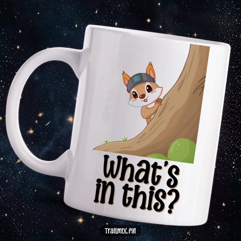 Funny Squirrel Mug: A curious squirrel wearing a headlamp excitedly peeks around a large tree trunk, exploring the unknown.