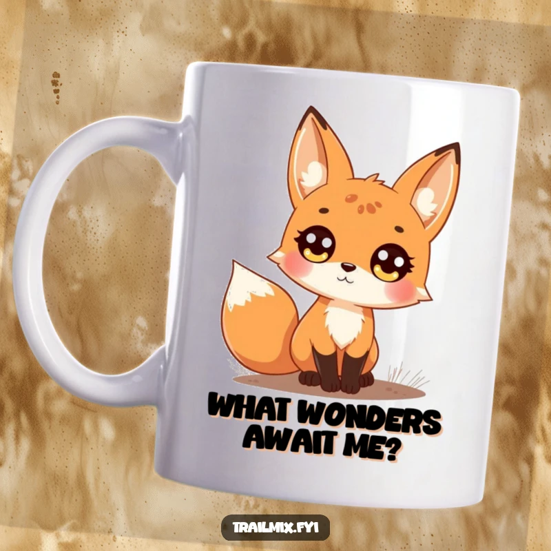Funny mug showcasing a curious fox on a trail, looking upwards with large, bright, captivating eyes full of wonder.