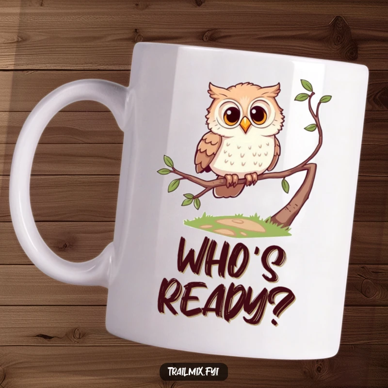 Funny mug with a curious owl character perched on a branch, humorously observing a path below.