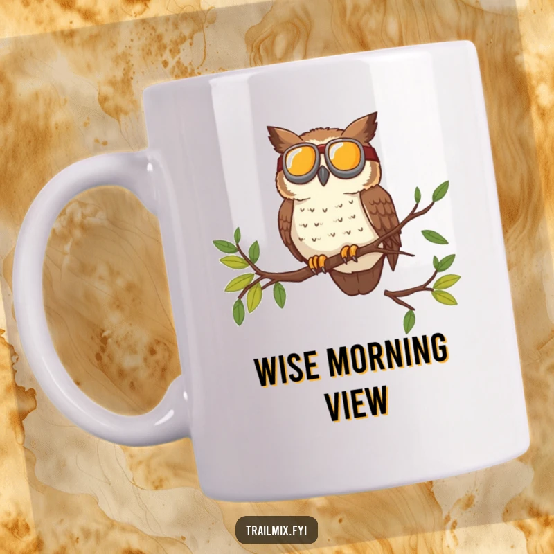 Funny mug of a brave owl wearing goggles surveying the trail from a high branch, conveying adventure and vigilance.