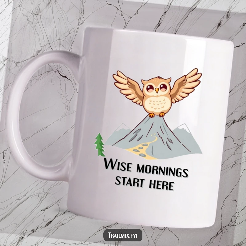 Funny Owl Mug: A joyful owl soars gracefully above a scenic mountain trail, embodying freedom and happiness.