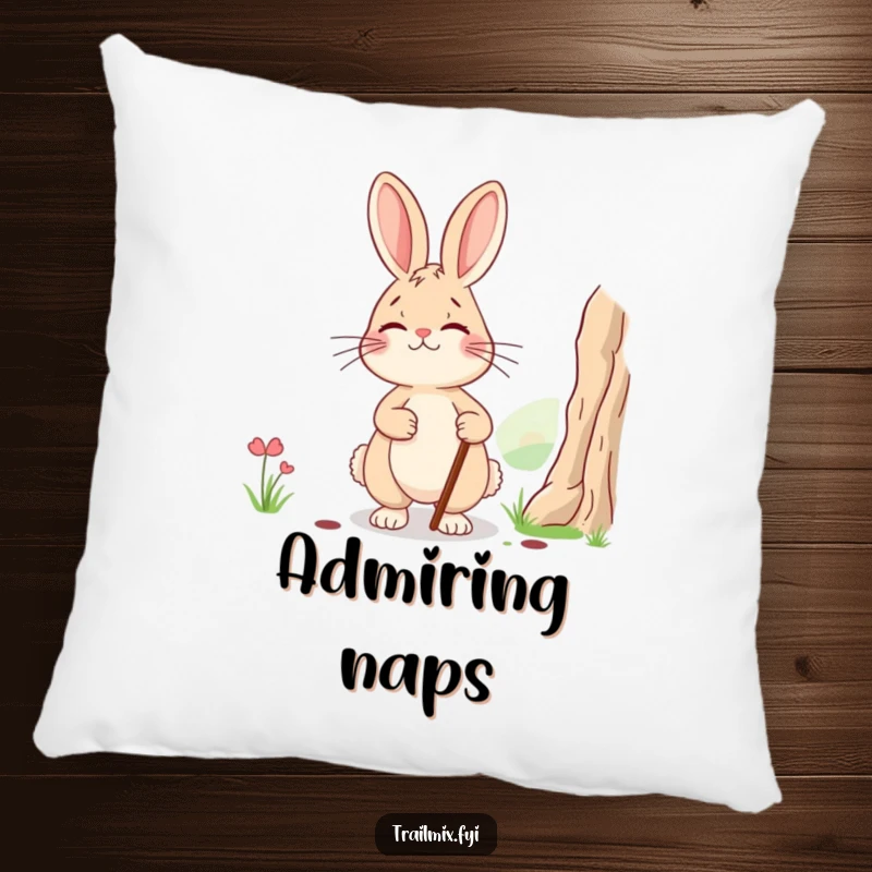Funny pillow: a smiling, tired rabbit with a walking stick pausing to admire a scenic view, offering comfortable and humorous decor.