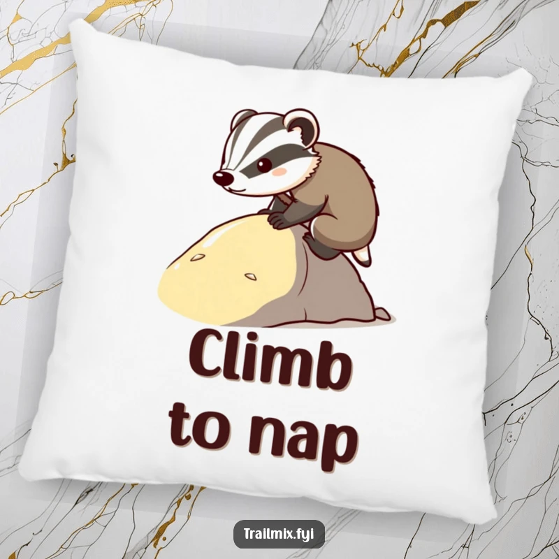 Funny determined badger pillow, looking stoic while climbing, offering a sense of steadfastness and humor. Comfortable home accent.