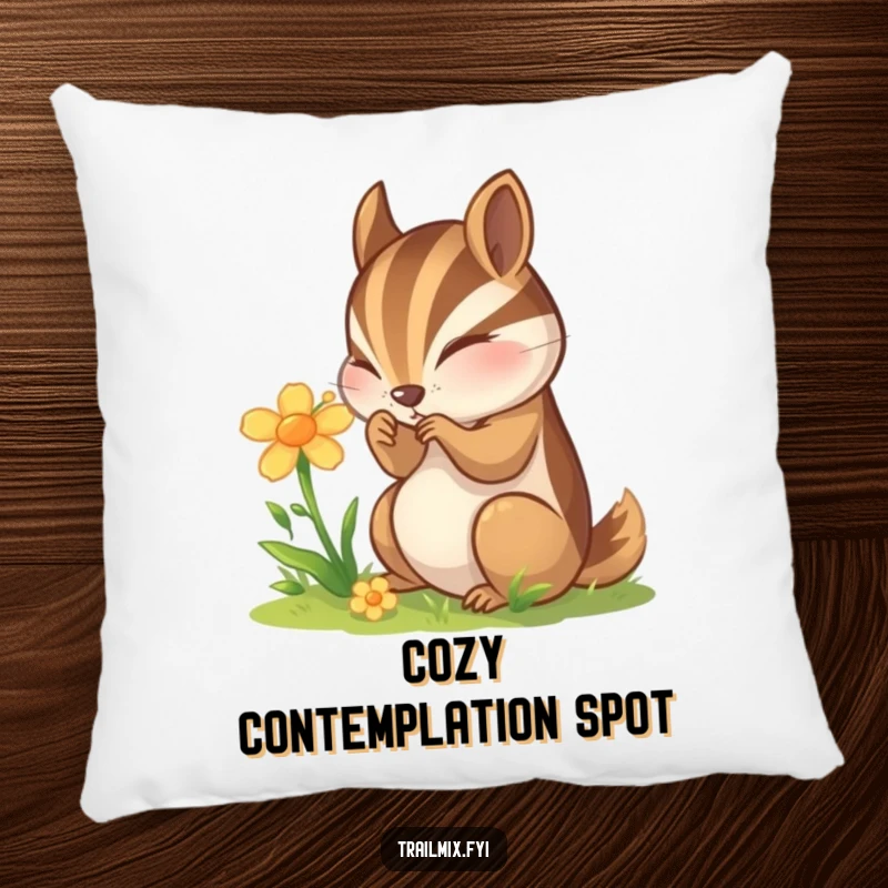 Funny Chipmunk Pillow: A curious chipmunk is examining a wildflower, adding a touch of playful nature to your decor.