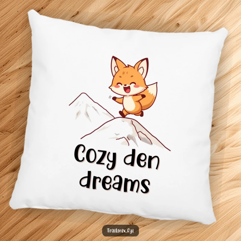 Funny fox pillow featuring a delighted character playfully bounding up a mountain slope, ideal for comfort and a touch of fun.