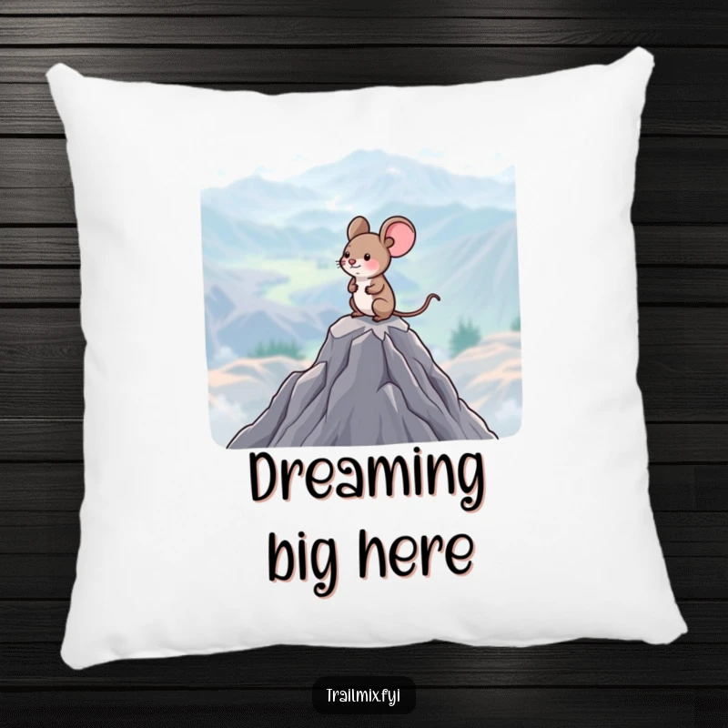 Funny Mouse Pillow: A happy little mouse surveys a vast landscape from a mountain peak, providing comfort and smiles.