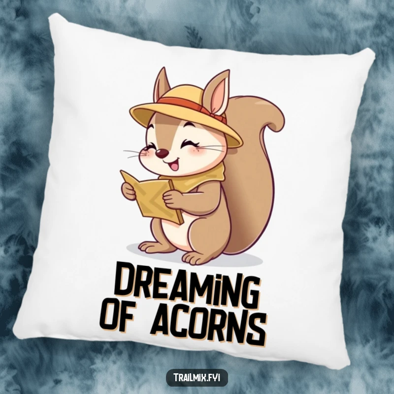 Funny squirrel scout pillow, checking a map curiously, cheerful and soft cushion, perfect for adding humor to decor.
