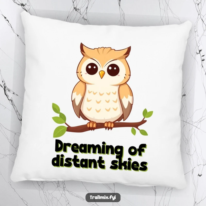 Funny pillow depicting a smiling owl perched on a branch, ready for adventure, providing a cozy and whimsical touch.
