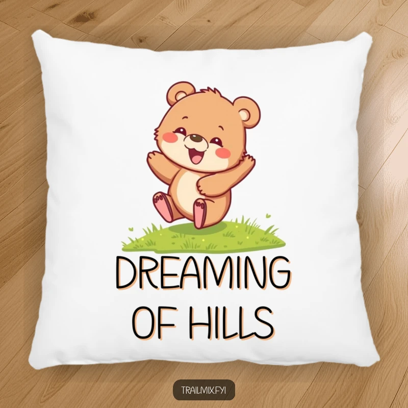 Funny Bear Cub Pillow showcasing a delighted cub rolling down a hill, offering plush comfort and a reminder of simple, joyful play.