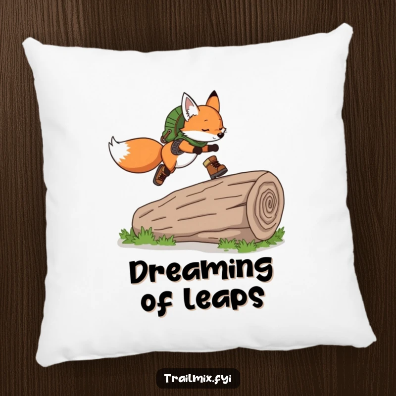 Funny Fox Pillow: Soft pillow showing a playful fox wearing hiking boots, gracefully leaping over a fallen log, full of life.