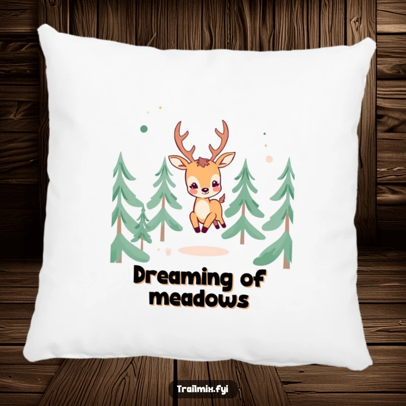 Funny Cheerful Deer Pillow: A soft pillow featuring a cheerful deer character frolicking amongst abstract pine trees.
