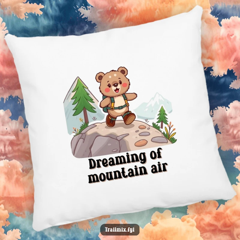 Funny pillow showcasing a fuzzy bear in hiking boots mid-skip up a mountain, offering comfort and a cheerful aesthetic.