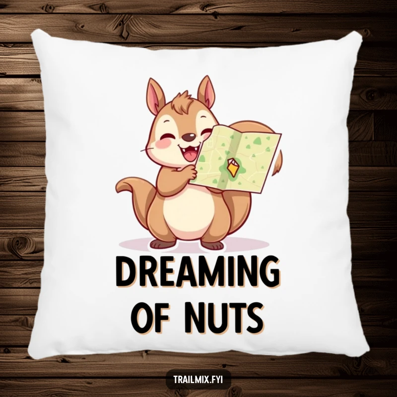 Funny squirrel pillow, depicted cheerfully holding a tiny map aloft, offering plush comfort and a spirit of adventure.
