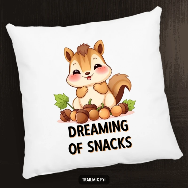Funny pillow shows a happy chipmunk with bulging cheeks collecting acorns, offering cozy humor and woodland charm.
