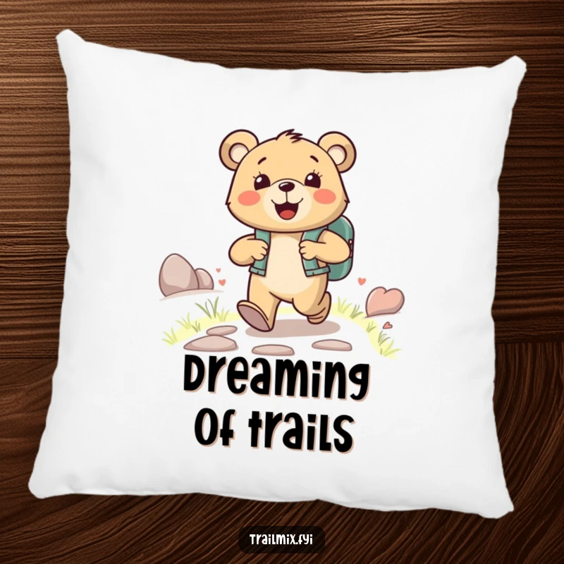 Funny happy bear character wearing a backpack, joyfully striding up a path, on a soft and funny pillow.