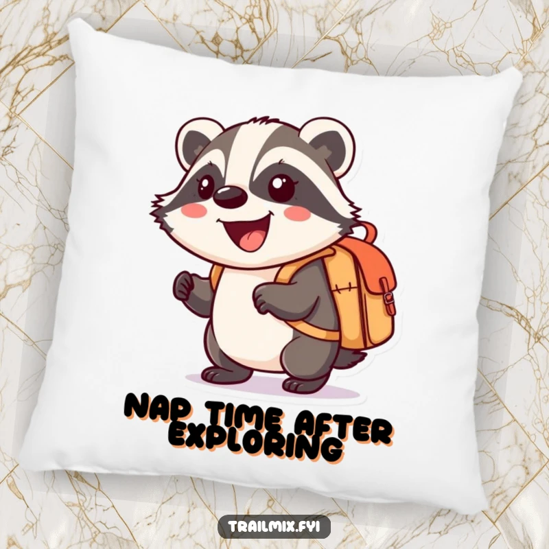 Funny pillow with a smiling cartoon badger enthusiastically carrying a small knapsack, offering comfort and adventure inspiration.