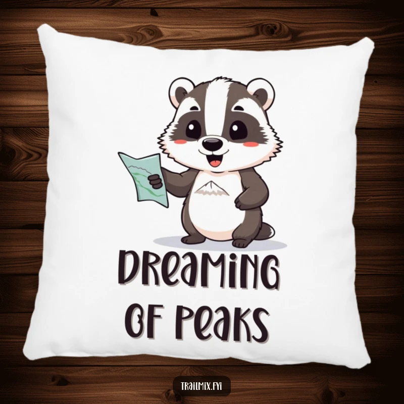 Funny pillow: a determined badger with a map comically pointing towards a distant peak, offering comfort and humorous adventure vibes.