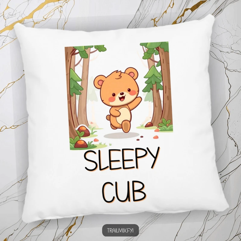 Funny bear cub pillow showing a delighted bear cub skipping along a forest path, offering soft comfort and woodland cheer.