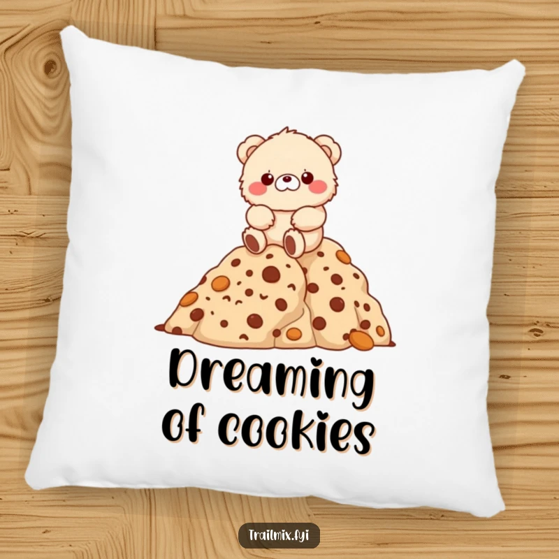Funny fluffy bear character joyfully hiking up a mountain of cookies on a soft pillow.