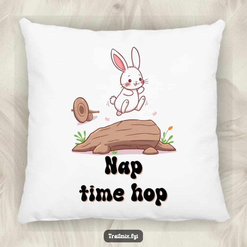 Funny bunny rabbit pillow, depicted playfully leaping over a fallen log, offering plush comfort and whimsical charm.