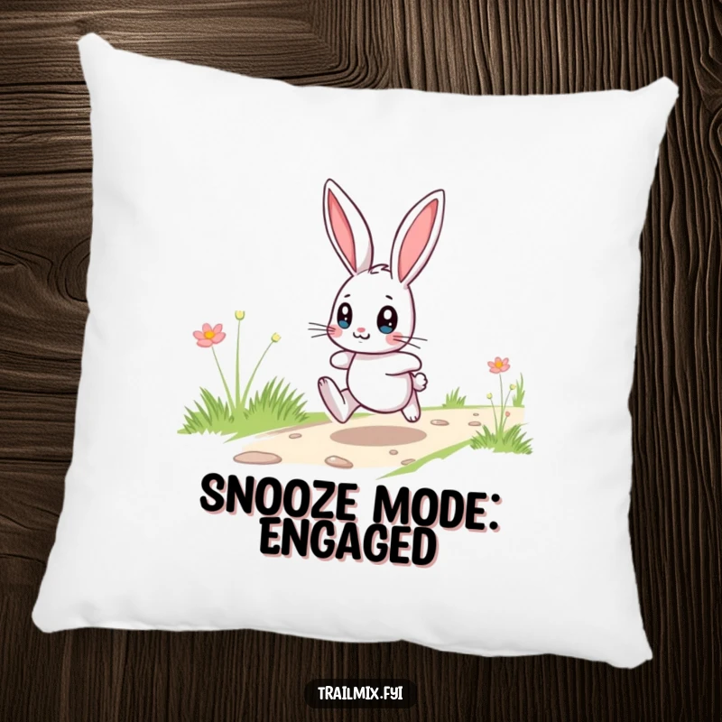 Funny playful bunny hopping with wide eyes on a soft pillow, adding humorous charm to any room.