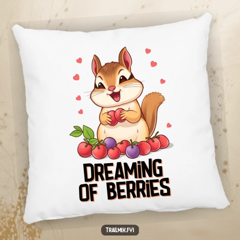 Funny chipmunk pillow, looking extremely happy and proud of its massive berry stash. Soft and humorous home accent.