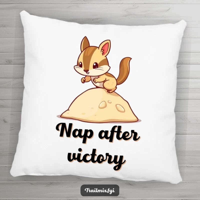 Funny chipmunk pillow featuring a determined character energetically scaling a small hill, offering comfort and a humorous visual.